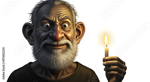 Stylized 3D character design of a charismatic elderly man with a thick grey beard and large ears holding a glowing candle. Caricature portrait on white background with warm and friendly emotions.