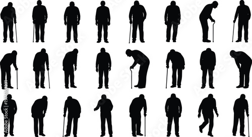 Elderly man silhouette set featuring senior male figures standing, walking with canes, and bowing for aging, retirement, and healthcare themes.
