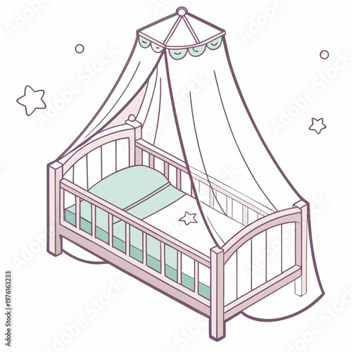 Photos Baby cot with canopy and bedding, newborn sleeping place, cozy nursery furniture for infant, sweet dreams and comfortable sleep