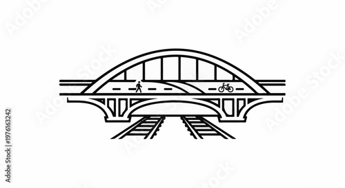 Stylized line art of a multi-level crossing with pedestrian, bike paths, and train tracks