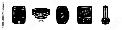 Hand-drawn black silhouette icons of smart home sensors: motion detector, smoke alarm, water leak sensor, air quality monitor, and thermometer. Collection of home automation devices.