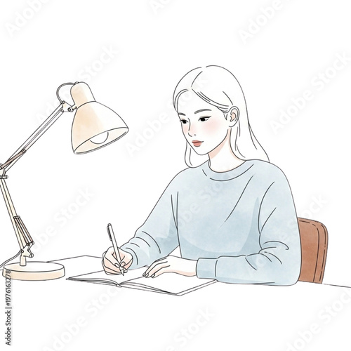 Woman sitting at desk writing in notebook under desk lamp