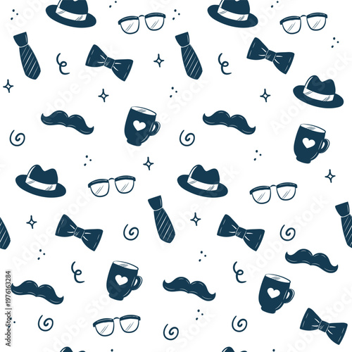 Hand Drawn Father’s Day Seamless Pattern. Tie, Hat, Mustache, Glasses, Mug, Bow Tie Sketch Doodle Background.