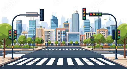 Cityscape with Pedestrian Crossing and Traffic Lights