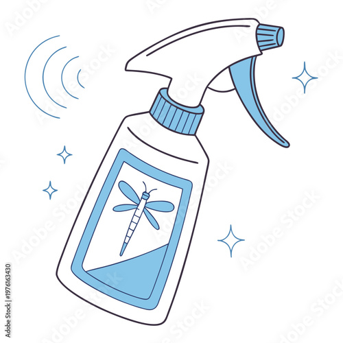 Insecticide spray bottle with dragonfly label, pest control, bug spray for home and garden use, safe and effective solution.