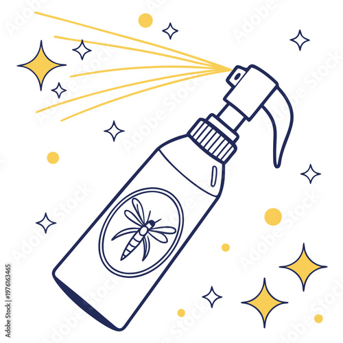 Handheld spray bottle emitting insect repellent mist with mosquito icon and sparkling stars for summer pest control vector illustration isolated white.