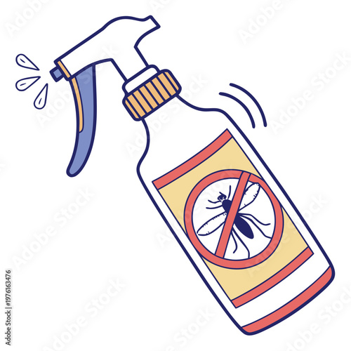 Manual trigger spray bottle for mosquito protection and pest control with red prohibition sign and water droplets vector illustration isolated white.