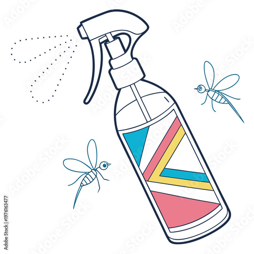 Mosquito repellent spray bottle with geometric label and flying mosquitoes, isolated on white background vector illustration.