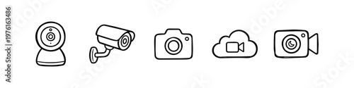 Set of hand-drawn security and photography camera icons. Black line art doodles including CCTV, webcam, photo camera, cloud video, and camcorder for surveillance and media concepts.