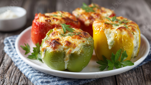 Stuffed peppers on a plate on a wooden background 