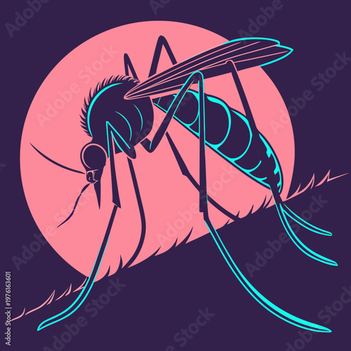 Stylized mosquito drawing with vibrant neon blue outlines on a purple background, standing on a surface with a pink circular glow.