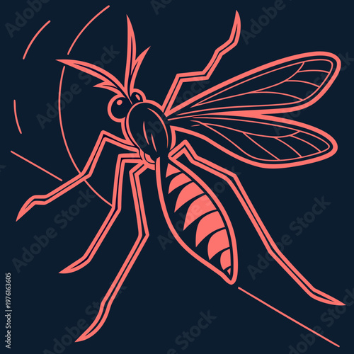 Outline of mosquito with wings and legs extended, suggesting flight or movement, against a dark blue background with light pink details.