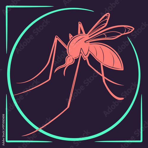Artistic mosquito logo inside circular frame with pink and green line art elements for hygiene awareness and environmental pest management services.