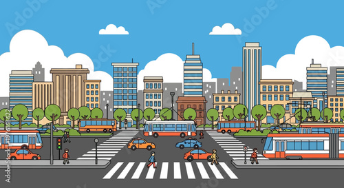 Cityscape with traffic, pedestrians, and public transport on a sunny day