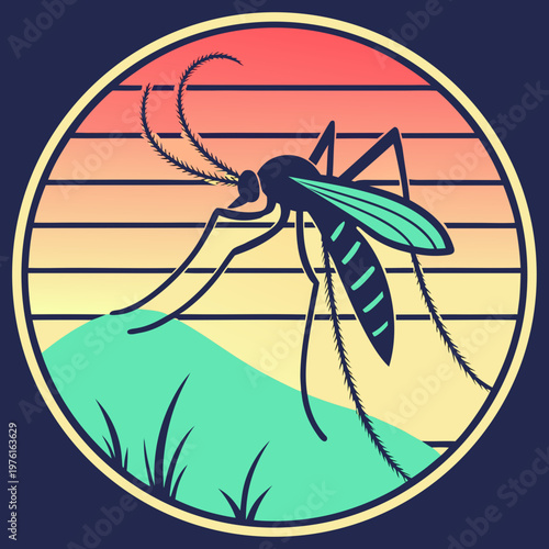 A mosquito standing on a hill with grass, set against a background of horizontal stripes in an orange, yellow, and red gradient, all enclosed within a circular frame on a dark blue background.