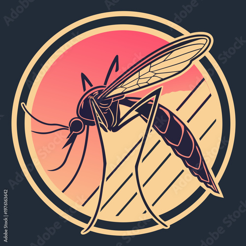 A mosquito standing with its wings spread, set against a background of horizontal stripes in a pink and yellow gradient, all enclosed within a circular frame on a dark blue background.