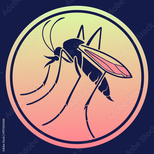 A detailed silhouette of a mosquito with a proboscis, shown in side profile, against a warm gradient circular background of yellow and pink.