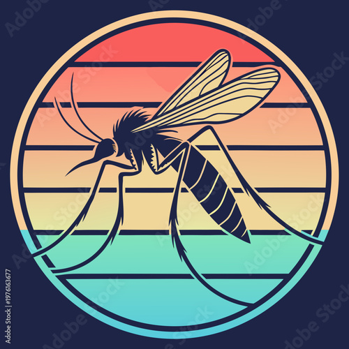A detailed silhouette of mosquito with a proboscis and wings, shown in side profile, against a striped sunset-inspired circular background.