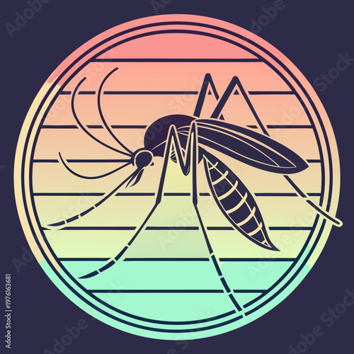 A detailed silhouette of a mosquito with a proboscis, shown in side profile, against a pastel gradient striped circular background.