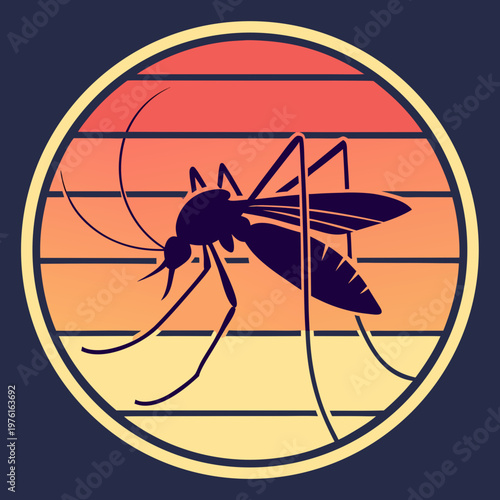 A detailed silhouette of mosquito with a proboscis, shown in side profile, against a striped sunset-inspired circular background vector art.