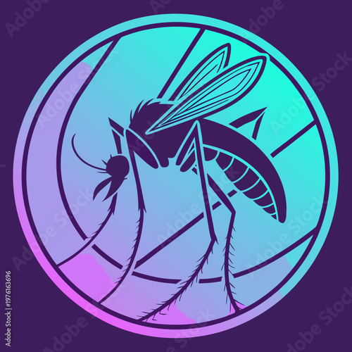A detailed silhouette of a mosquito with a proboscis, shown in side profile, against a vibrant blue and purple striped circular background.