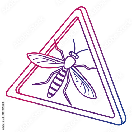 Insect warning sign featuring a mosquito silhouette on isometric triangle background with gradient outline for health safety and pest control media.