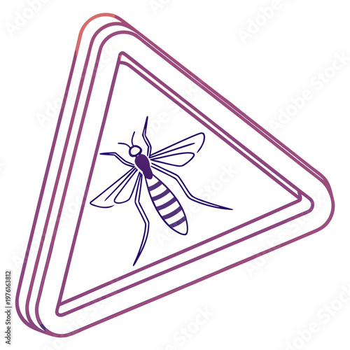 Caution triangle sign with mosquito icon for insect warning information 3d isometric gradient line style for pest control and health awareness art.