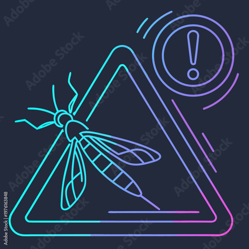 Mosquito warning sign with an exclamation mark, indicating danger and pest alert, insect hazard and disease risk.