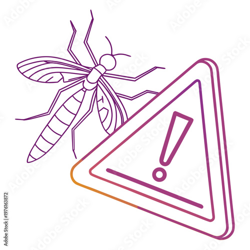 Hazard warning sign with exclamation mark and mosquito illustration in isometric gradient line style for insect disease awareness and pest control.