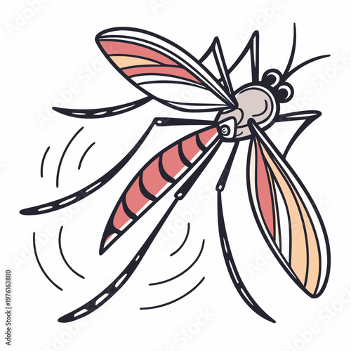 Stylized mosquito illustration with colorful wings and body, depicted in dynamic flight motion.