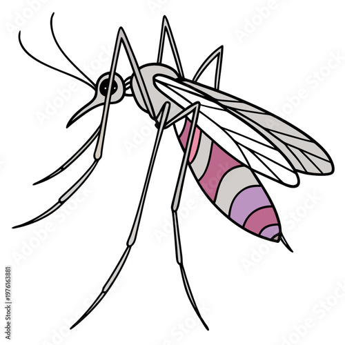 Detailed mosquito insect side view with segmented abdomen and delicate wings, in light colors.