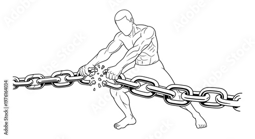 A person breaking a heavy chain with their bare hands in a display of strength. Vector, illustration