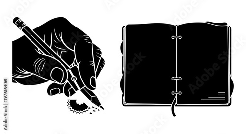 A hand writing in a notebook with a fountain pen and a separate view of a blank journal Vector, illustration