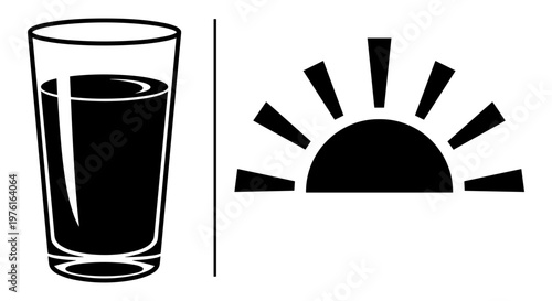 Contrast between a glass of dark liquid and a rising sun icon Vector, illustration