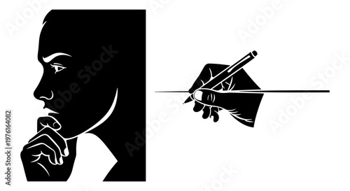 Contemplation and the act of signing a document in black and white illustration Vector, illustration
