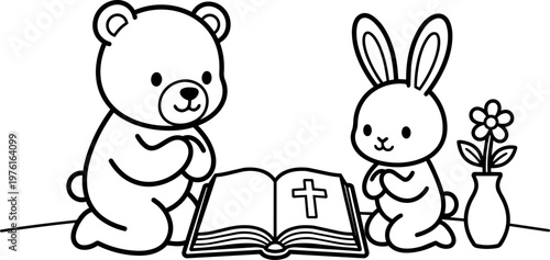 Black and white line art teddy bear and bunny praying by open bible with cross and flower vase