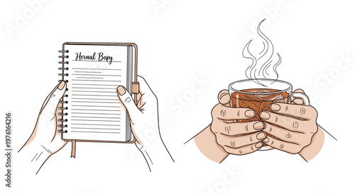 Hands holding a journal and a cup of tea for a peaceful moment of reflection Vector, illustration