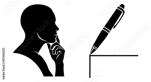 Thoughtful individual contemplating with a pen poised for writing Vector, illustration