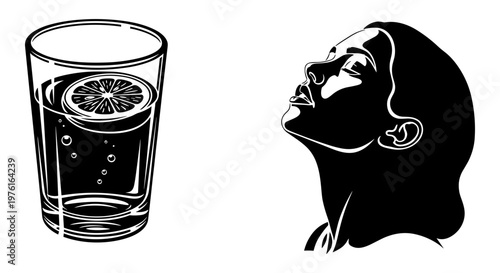Woman drinking lemon-infused water from a glass Vector, illustration