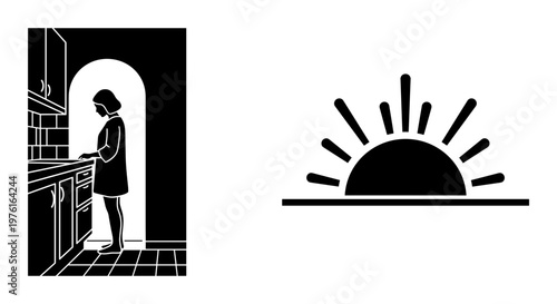A woman checking oven while sun rises with radiant rays in the background Vector, illustration