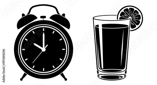 Morning routine kickstart with alarm clock and citrus drink Vector, illustration
