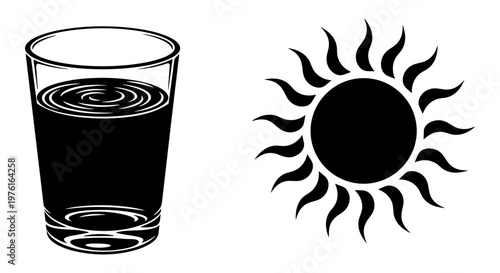 A glass of dark liquid contrasted with a bright and radiant sun illustration. Vector, illustration