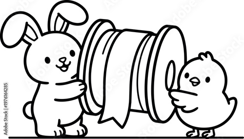Cute bunny and chick holding large spool with ribbon vector art