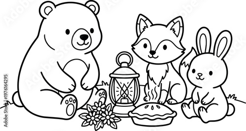 Black and white line art bear fox and rabbit with lantern flower and pie
