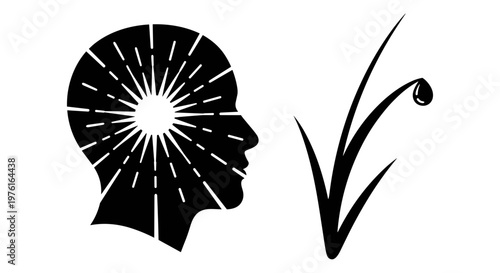 Illustration of a radiant mind and a checkmark symbolizing approval or success. Vector, illustration