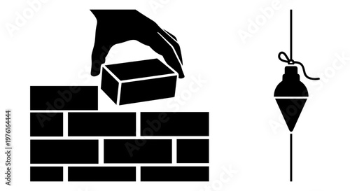 A hand placing a brick on a wall while a bucket hangs nearby Vector, illustration