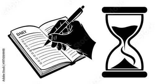 A hand writing in a daily planner next to an hourglass symbolizing time management Vector, illustration