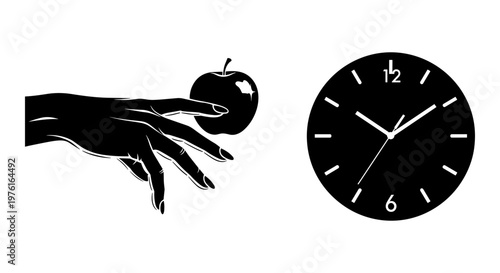 A hand holding an apple next to a clock showing a specific time Vector, illustration