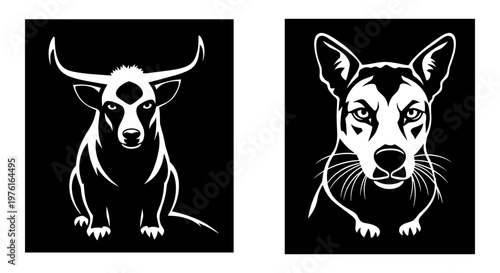 Contrasting line art portraits of a bull and a dog with expressive eyes Vector, illustration