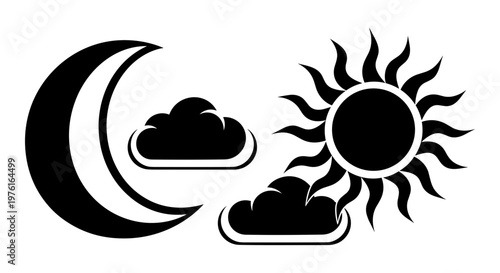 Moon, clouds, and sun symbolizing weather changes and celestial balance Vector, illustration